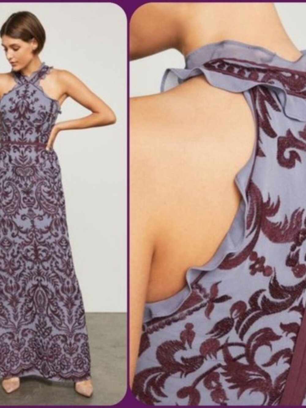 BCBG Maxazria Embroidered Tapestry Ruffle Halter Chiffon Maxi Dress Size 2